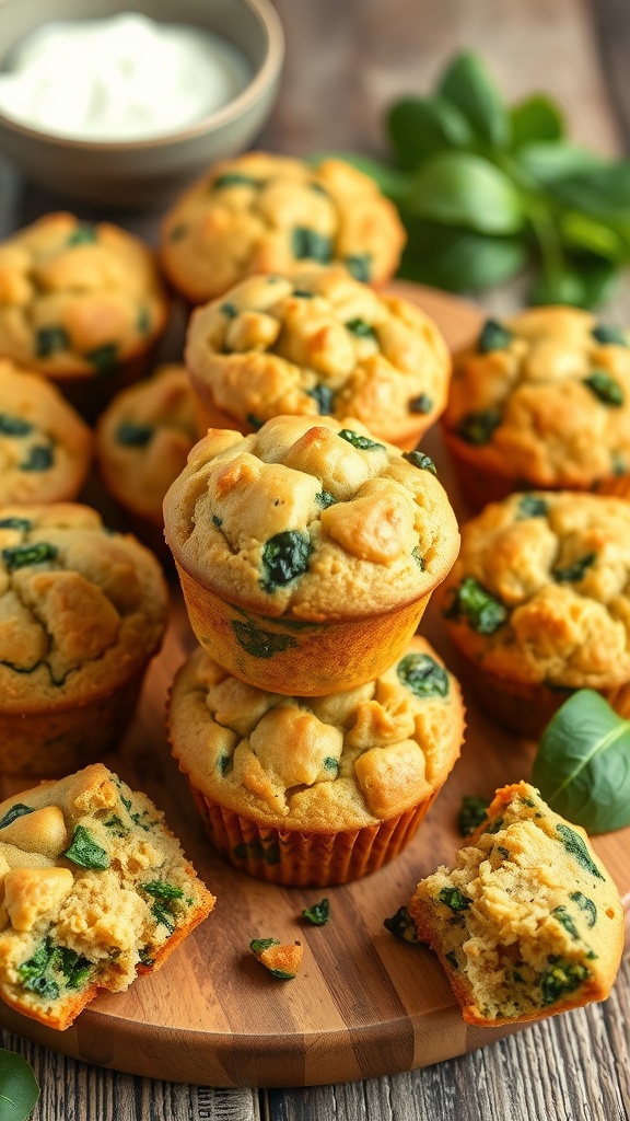 Savory spinach yogurt muffins, golden and fluffy with green spinach pieces, on a wooden board with yogurt and spinach in the background.